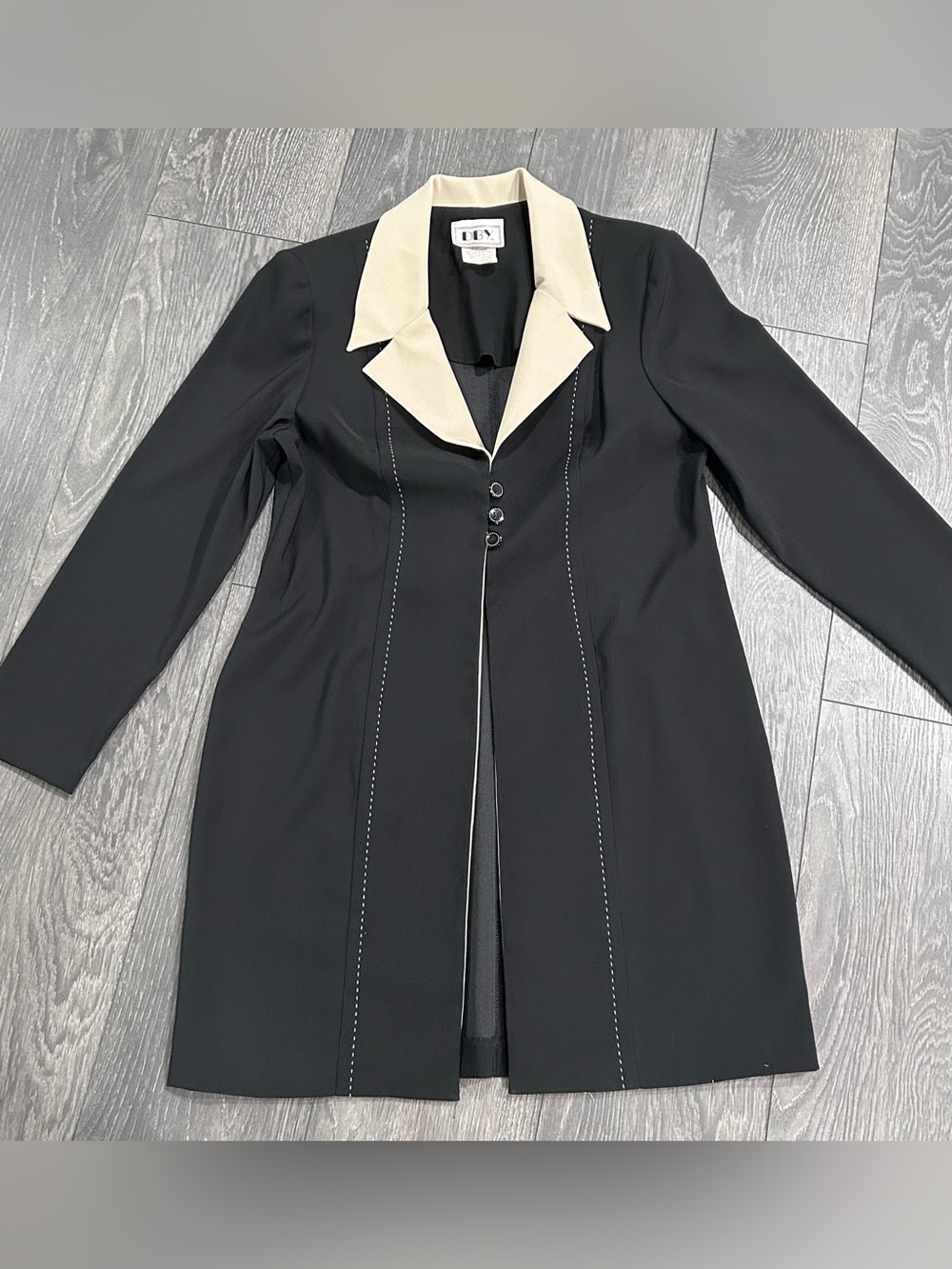 DBY Vintage Contrast Stitch Long Blazer Jacket Womens Size 13 Black Tan Classy